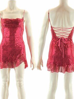 Lucy in the Sky Sequin Ruffled Slit Mini Dress Pink S Zipper Back Tie Closure